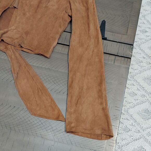 VAKKO NY 90s Y2K Tan Brown Goat Suede Cropped Tie Front Shirt Sz L - Picture 7 of 10